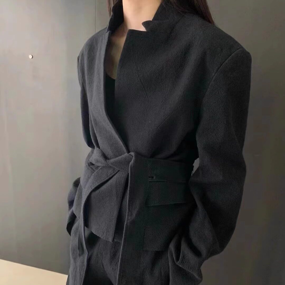 设计师品牌YP轻奢雨露麻立领腰带外套女2024 - 实物图