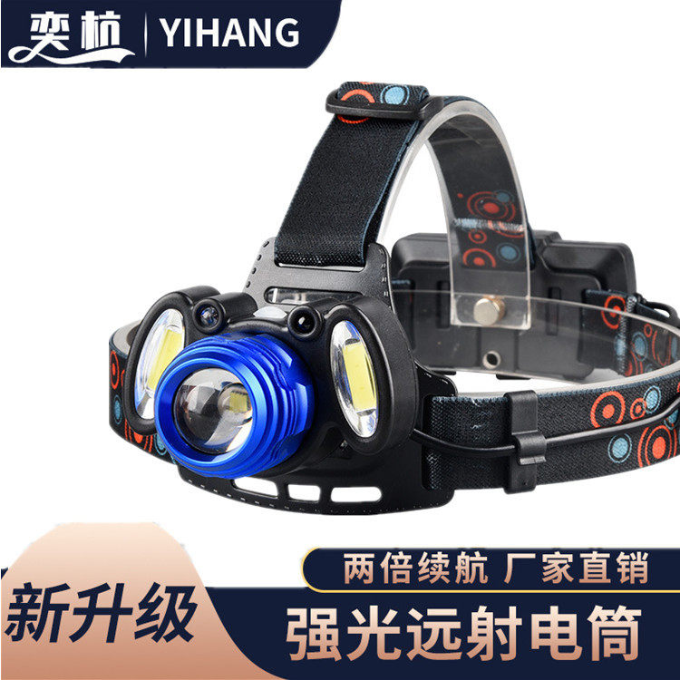 T6+COB强光充电头灯 户外野营钓鱼照明 变焦铝合金3LED头灯代发