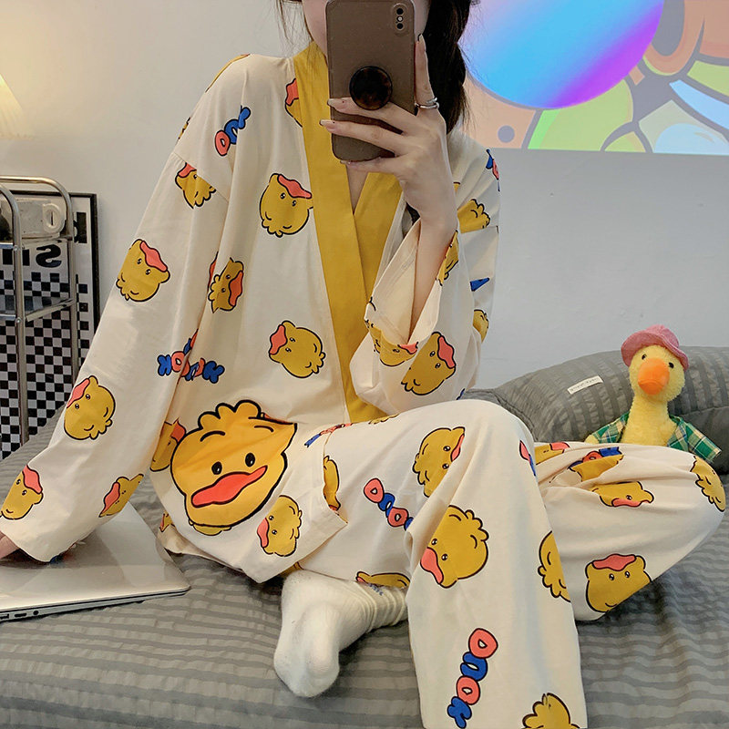 纯棉睡衣女款春秋薄款日系和服卡通可爱鸭子长袖长裤两件套家居服