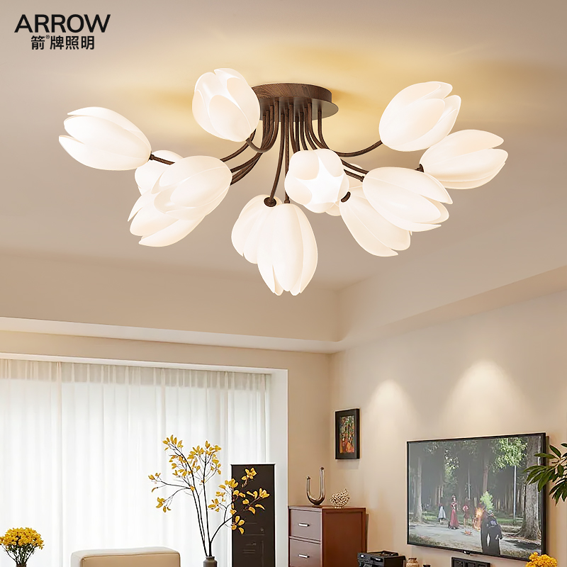 箭牌胡桃木色玉兰花客厅吊灯吸顶