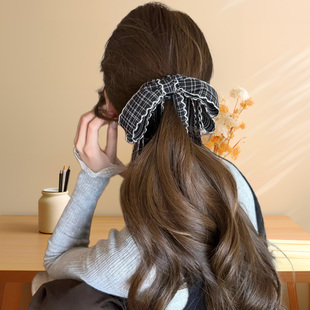 小香风格纹飘带蝴蝶结香蕉夹高级感后脑勺扎马尾发夹头饰2025新款