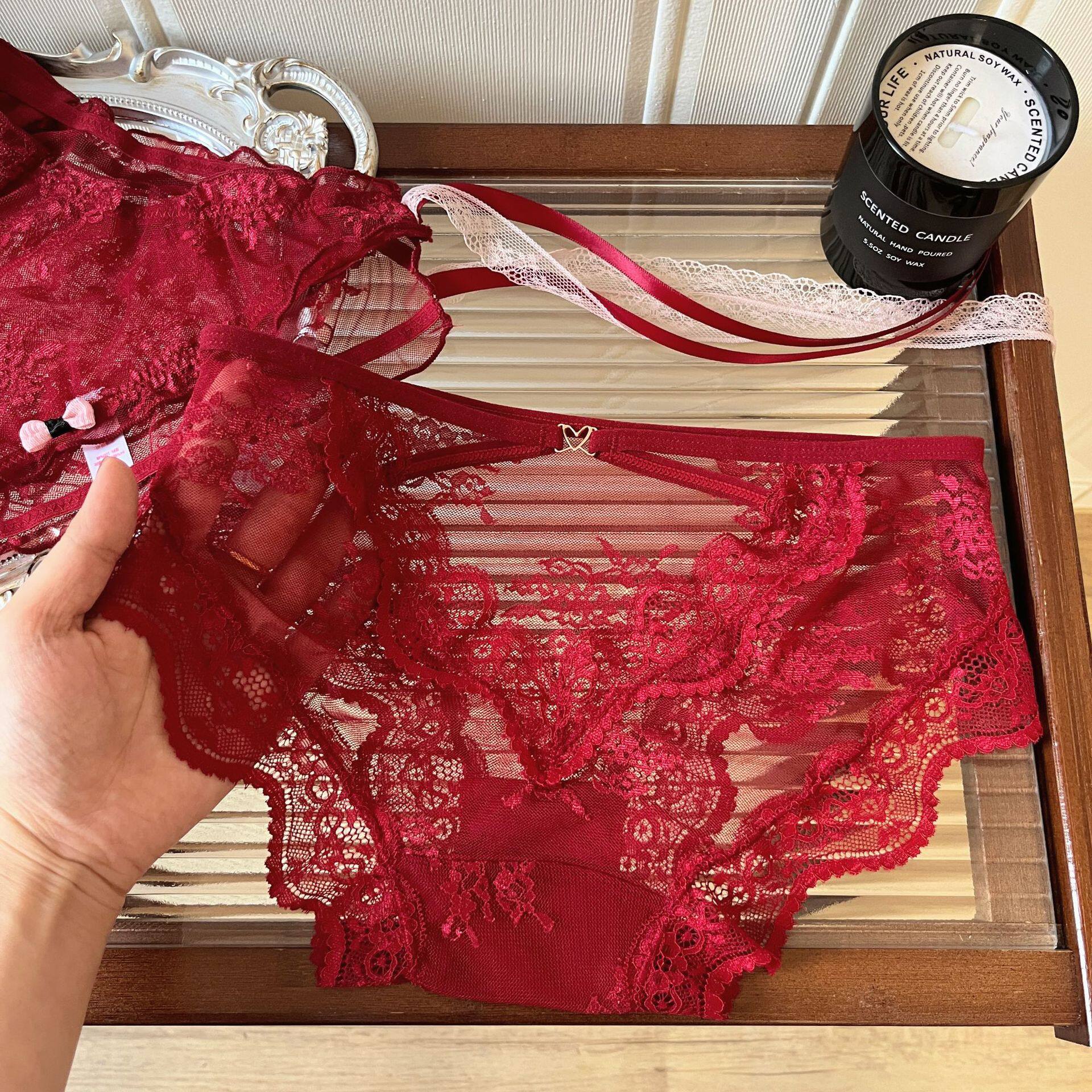 红运辣妹~蕾丝款本命年红色内裤女性感镂空绑带纯欲风女士三角裤