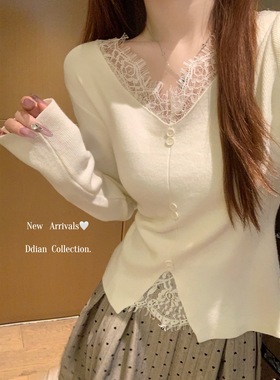 一件代发春秋冬季高级感V领蕾丝针织衫小个子显瘦打底毛衣上衣女