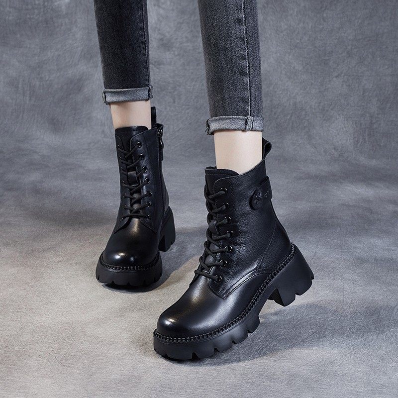 厚底马丁靴女年新款春秋靴子英伦风真皮高跟小个子短靴