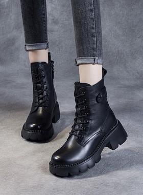 厚底马丁靴女年新款春秋靴子英伦风真皮高跟小个子短靴