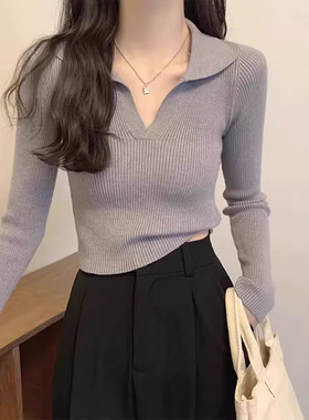 气质polo翻领长袖针织衫女秋冬修身内搭纯欲风短款上衣v领打底衫
