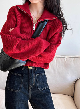 设计感半高领拉链红色针织衫女短款秋冬新款高腰毛衣宽松加厚外穿