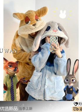 卡通尼克朱迪情侣睡衣女款冬季加绒加厚连帽家居服珊瑚绒保暖套装