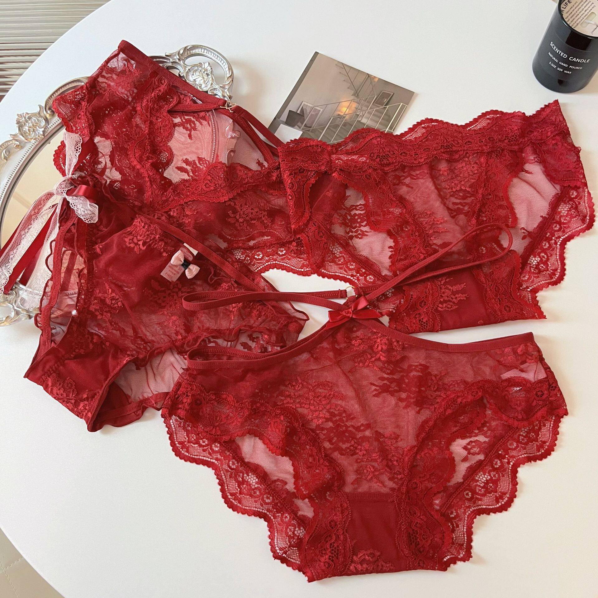 浪漫红运~法式红色蕾丝女士内裤本命年中腰镂空纯欲性感三角裤