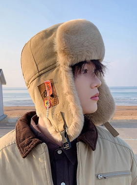 新款贴布链条雷锋帽冬季保暖加厚加绒雷锋帽潮流护耳防寒雷锋帽男