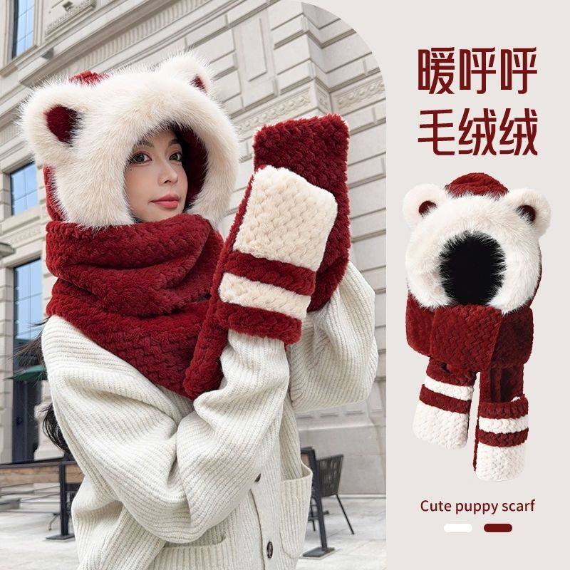 新款加绒小熊帽子围巾手套一体连帽女秋冬可爱保暖毛绒三件套防寒