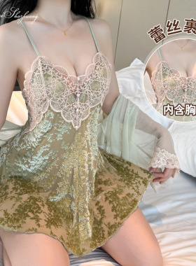 唯美纱性感深V睡衣蕾丝裹胸带胸垫吊带睡裙植绒露背家居睡衣秋冬