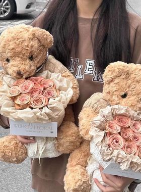 圣诞节礼物泰迪熊玩偶公仔永生玫瑰花束生日礼物送女生朋友闺蜜