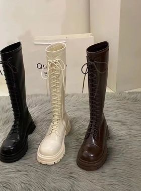厚底白色长靴子女鞋年新款马丁靴女棕色秋冬长筒骑士靴ins潮