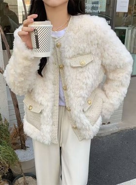 夹棉加厚小香风羊羔毛外套女2025秋冬百搭新款外穿毛绒宽松上衣女