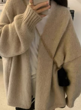 韩系软糯针织开衫女外穿秋冬季高级感宽松慵懒风中长款毛衣厚外套