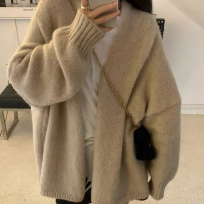 韩系软糯针织开衫女外穿秋冬季高级感宽松慵懒风中长款毛衣厚外套