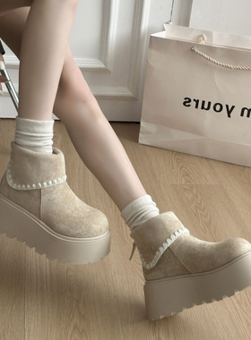 厚底雪地靴鞋女2025秋冬季新款显瘦白色厚底勃肯鞋中筒袜短靴子