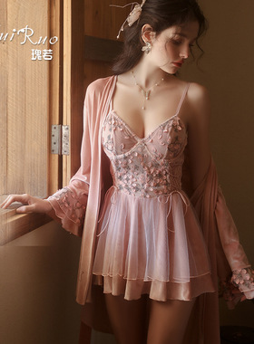 DZ瑰若品牌蕾丝刺绣甜美大码睡衣加钢圈吊带睡裙外袍家居服C5240