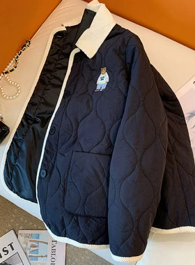美式复古小熊刺绣撞色包边棉服男女冬季时尚菱格宽松加厚翻领外套