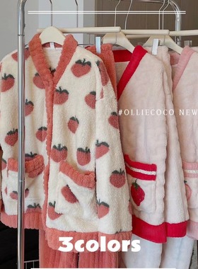 秋冬季乌龙桃水蜜桃睡衣套装女加绒加厚保暖宽松家居服珊瑚绒新款