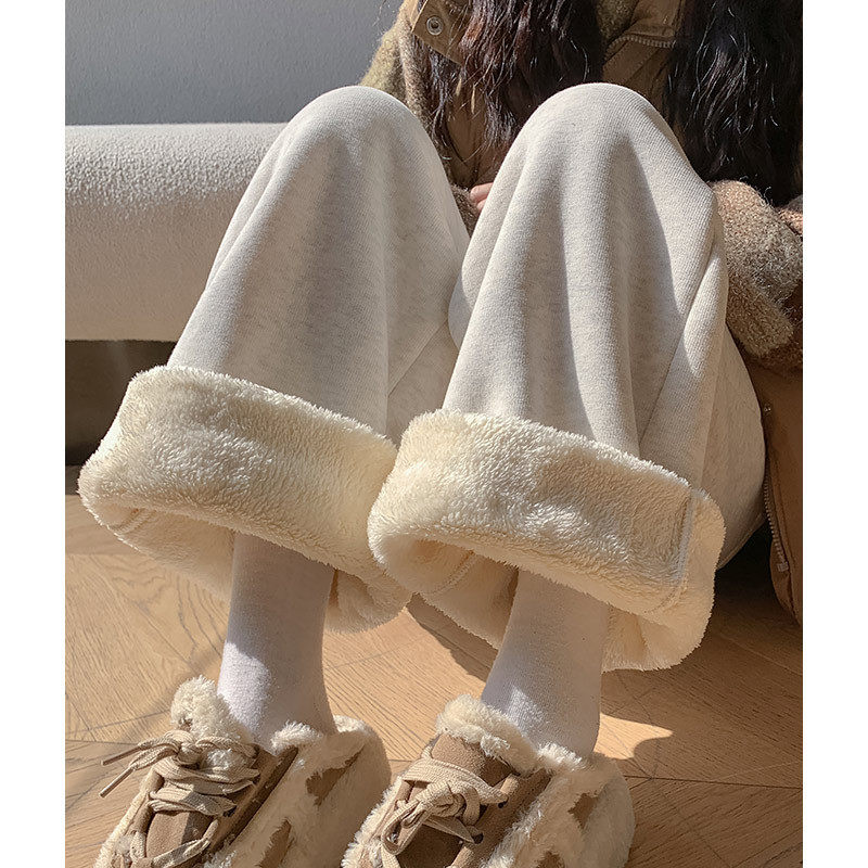 羊羔绒运动裤女2025秋冬宽松束脚棉裤加绒加厚阔腿裤直筒休闲卫裤