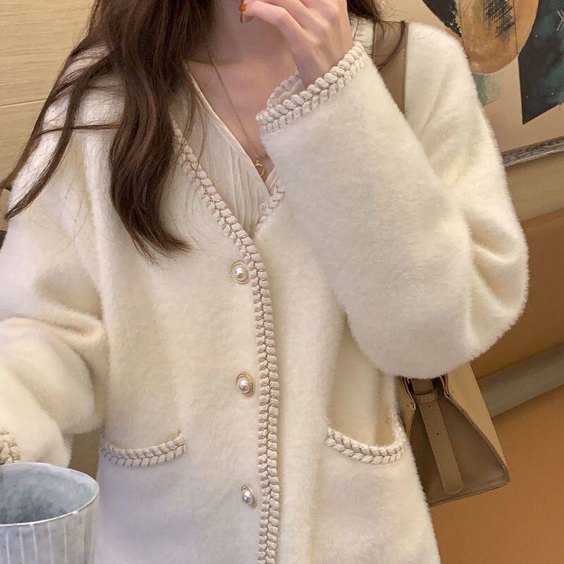 小香风仿貂毛V领开衫女外套秋冬新款韩版宽松慵懒风针织外穿上衣