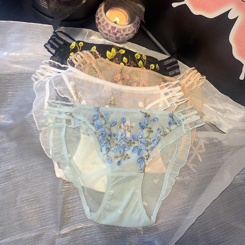 NANA国风绣花内裤女新中式性感玻璃丝透薄网纱舒适诱惑蕾丝三角裤