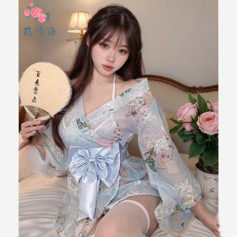 花情海东京神明少女性感火辣印花甜美蝴蝶结纯欲和服日系网纱A178