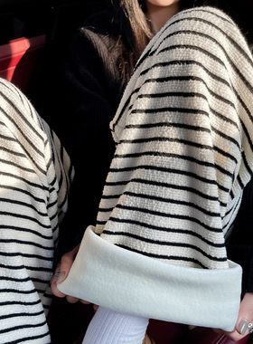 加绒条纹阔腿裤女秋冬高腰垂感休闲遛弯裤软糯慵懒针织拖地长裤子