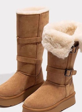 灰色加绒加厚底长筒雪地靴女2025冬季新款高筒两穿可折翻保暖棉鞋