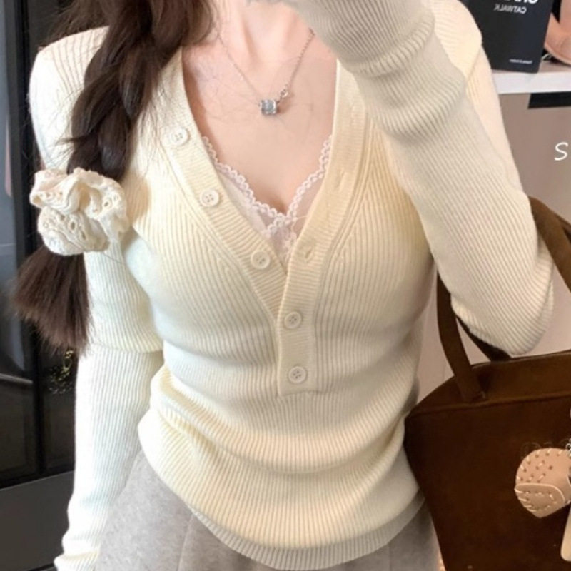 韩版V领修身温柔风套装纯欲蕾丝吊带上衣女秋季休闲气质长袖针织