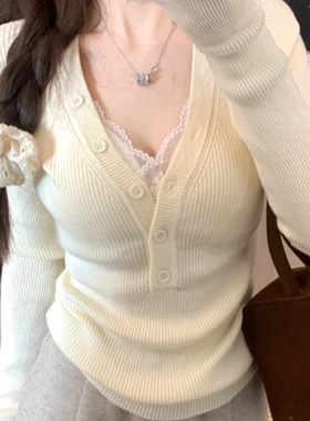 韩版V领修身温柔风套装纯欲蕾丝吊带上衣女秋季休闲气质长袖针织
