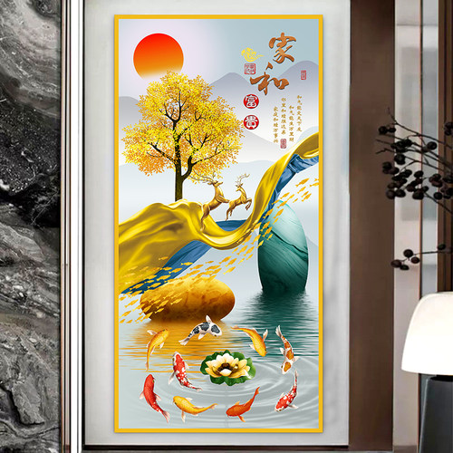 入户玄关画客厅装饰画自粘贴画中式入门贴画走廊竖版背景墙纸壁画