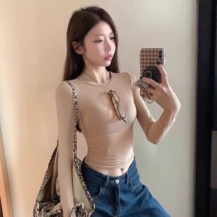 美式辣妹风圆领正肩长袖T恤女秋冬紧身酷辣内搭修身显瘦打底上衣