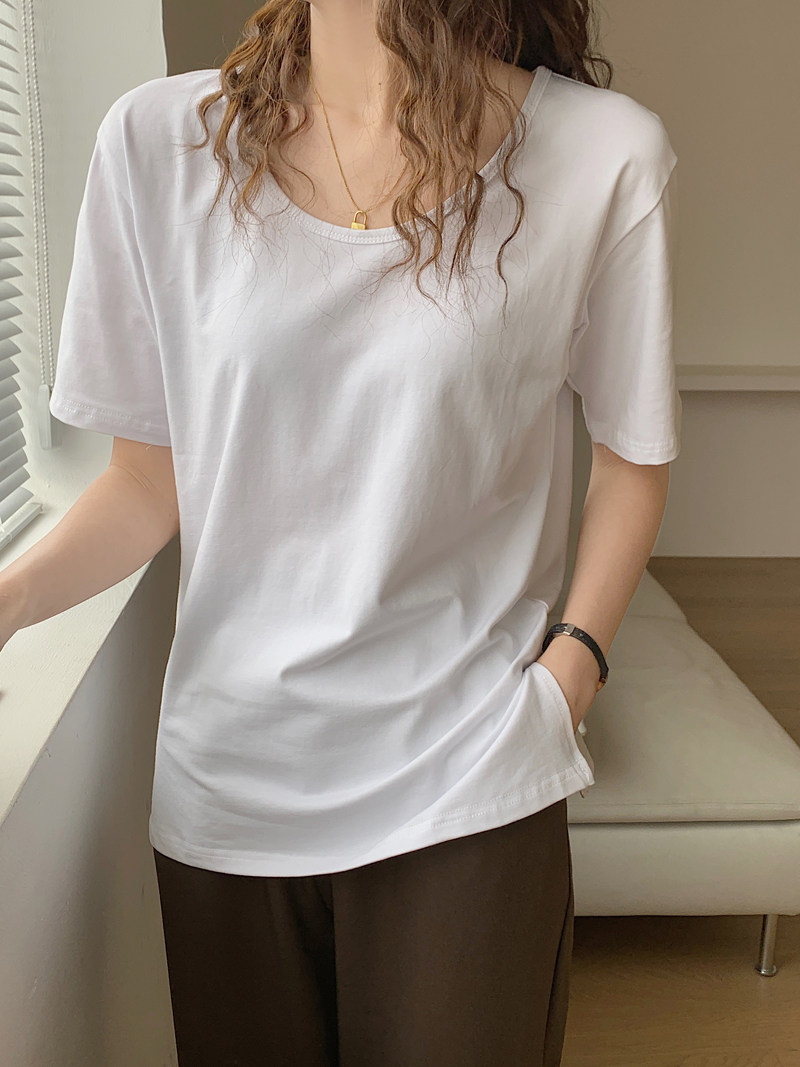 春夏纯棉大领口短袖t恤女宽松u领小心机露锁骨叠穿白色小众上衣女