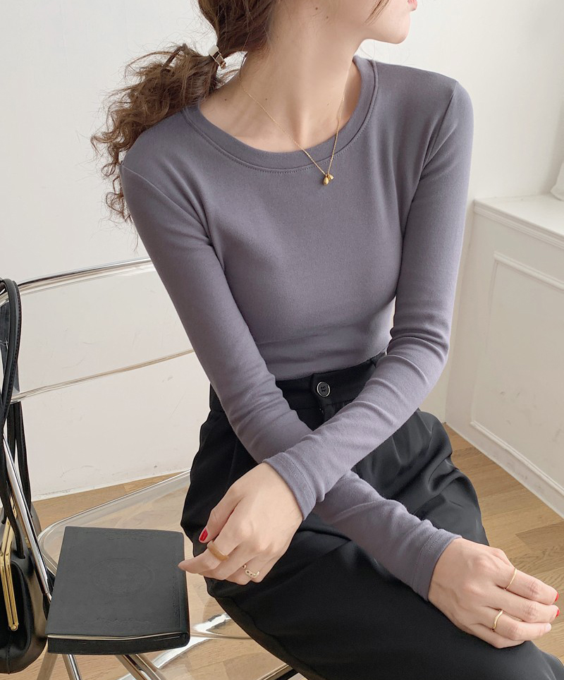 圆领打底衫女春秋冬白色紧身纯棉加厚磨毛t恤女叠穿长袖韩系上衣