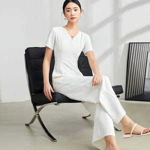 2023夏季女士新款连体裤白色V领短袖修身显瘦白色阔腿裤长裤