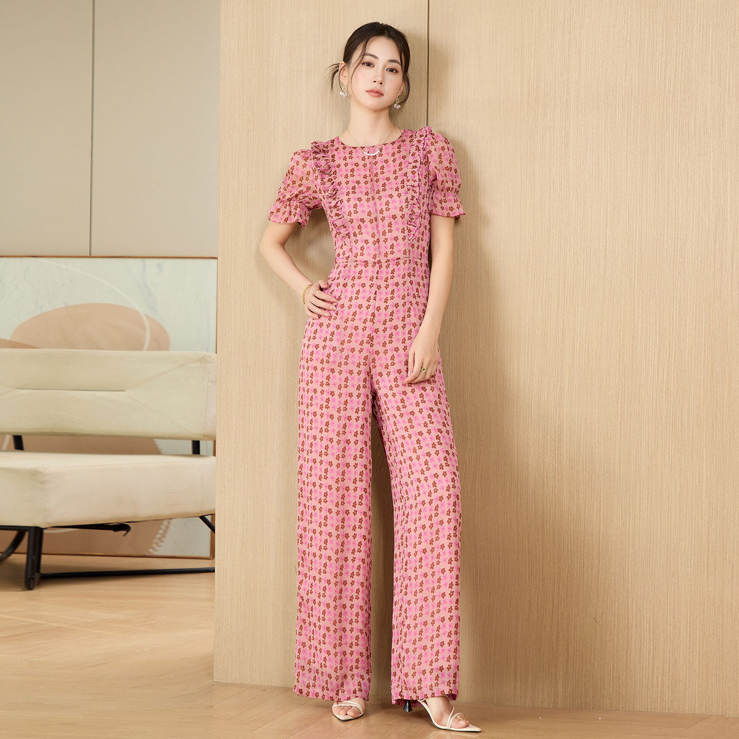 女夏2026新款薄款圆领木耳边雪纺高腰阔腿连体长裤