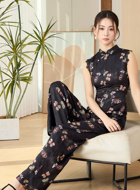 2026女新款连体衣中国风改良旗袍立领原创收腰显瘦阔腿连体长裤