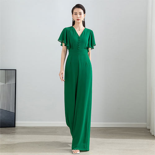 连体裤绿色荷叶边修身显瘦