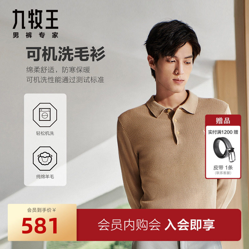 [可机洗]九牧王男装23秋冬新品易打理纯羊毛衫防寒保暖翻领毛衣BN