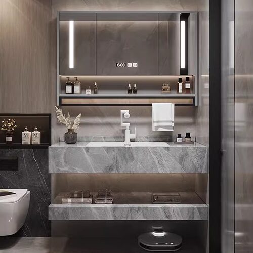 石墨花岩板热弯一体盆浴室柜组合