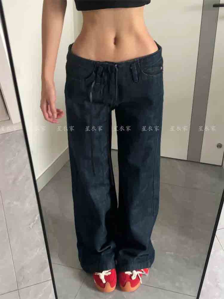 thumbnail for American vintage washed dark blue low-rise jeans women's y2k millennial style hot girl loose straight floor-length pants