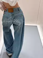 American-Style Spicy Girl Heavy-Duty Letter Rhinestone Jeans for Women 2026 Summer Vintage Design Niche Floor-Length Wide-Leg Pants