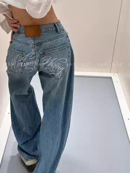 American-Style Spicy Girl Heavy-Duty Letter Rhinestone Jeans for Women 2026 Summer Vintage Design Niche Floor-Length Wide-Leg Pants