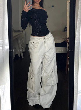 设计感小众白色牛仔工装裤子女夏季美式高街宽松bf慵懒风阔腿长裤