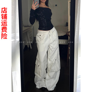 设计感小众白色牛仔工装裤子女夏季美式高街宽松bf慵懒风阔腿长裤
