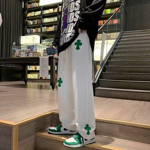 美式vibe裤子高街ins潮坠感十字架白色卫裤男秋季oversize阔腿裤