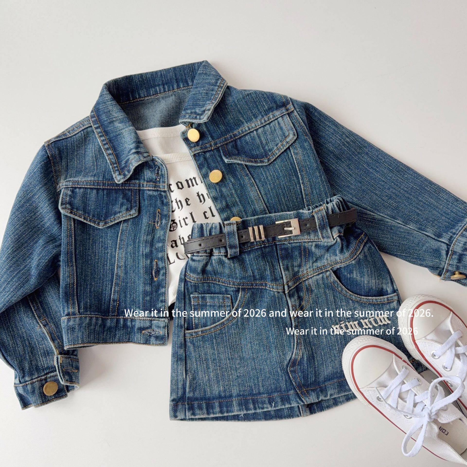 女童牛仔刺绣套装2026新款儿童短款外套防走光半身裙送腰带两件套